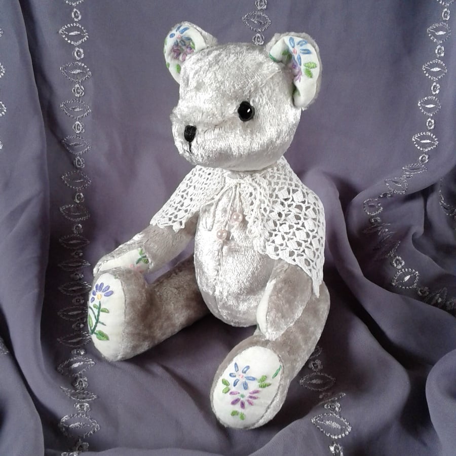 Collector's teddy bear 'Pearl' hand sewn vintage velvet, embroidery and lace.