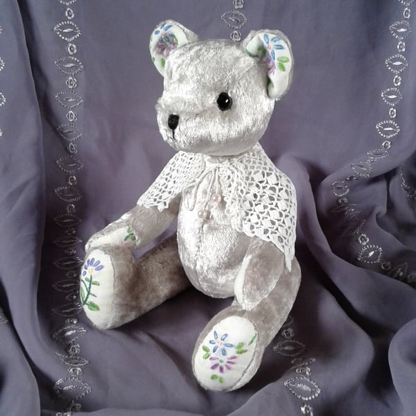 Collector's teddy bear 'Pearl' hand sewn vintage velvet, embroidery and lace.