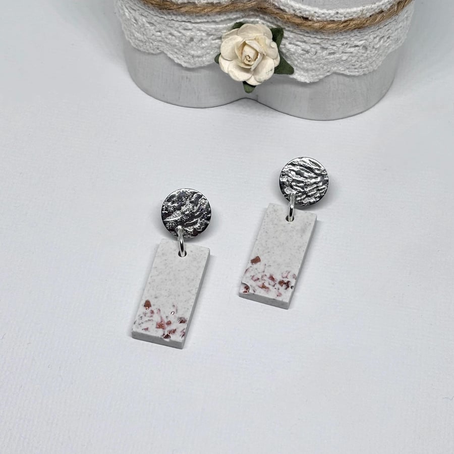 Grey Rectangle Drop Earrings with Pink Glass