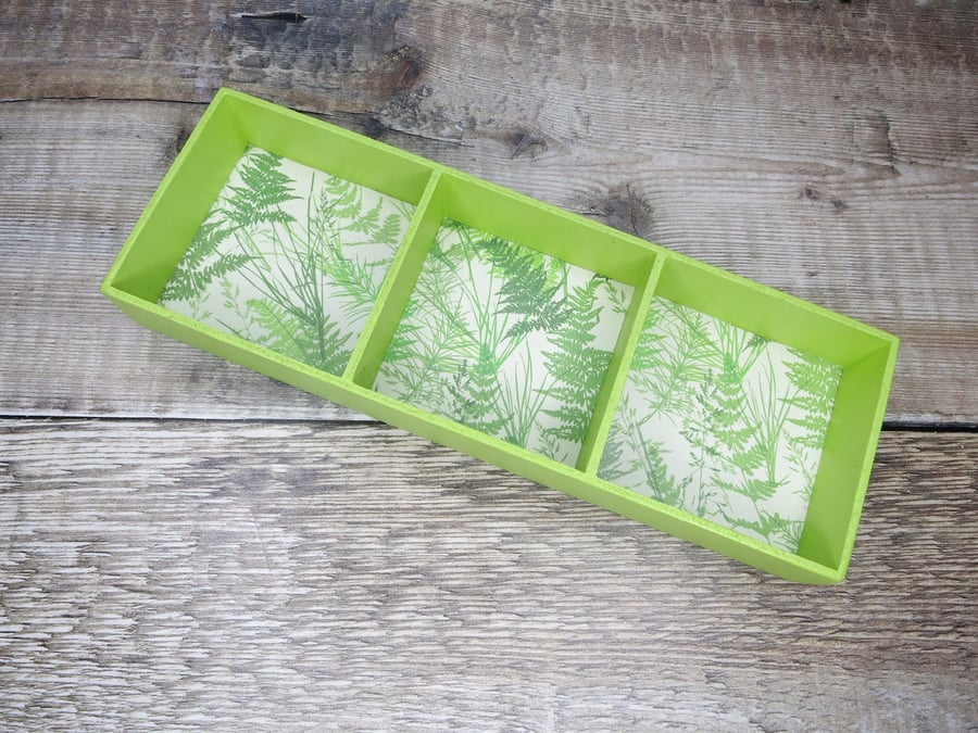 Upcycled Wooden Three Sectioned Desk or Jewellery Tray - Lime Fern