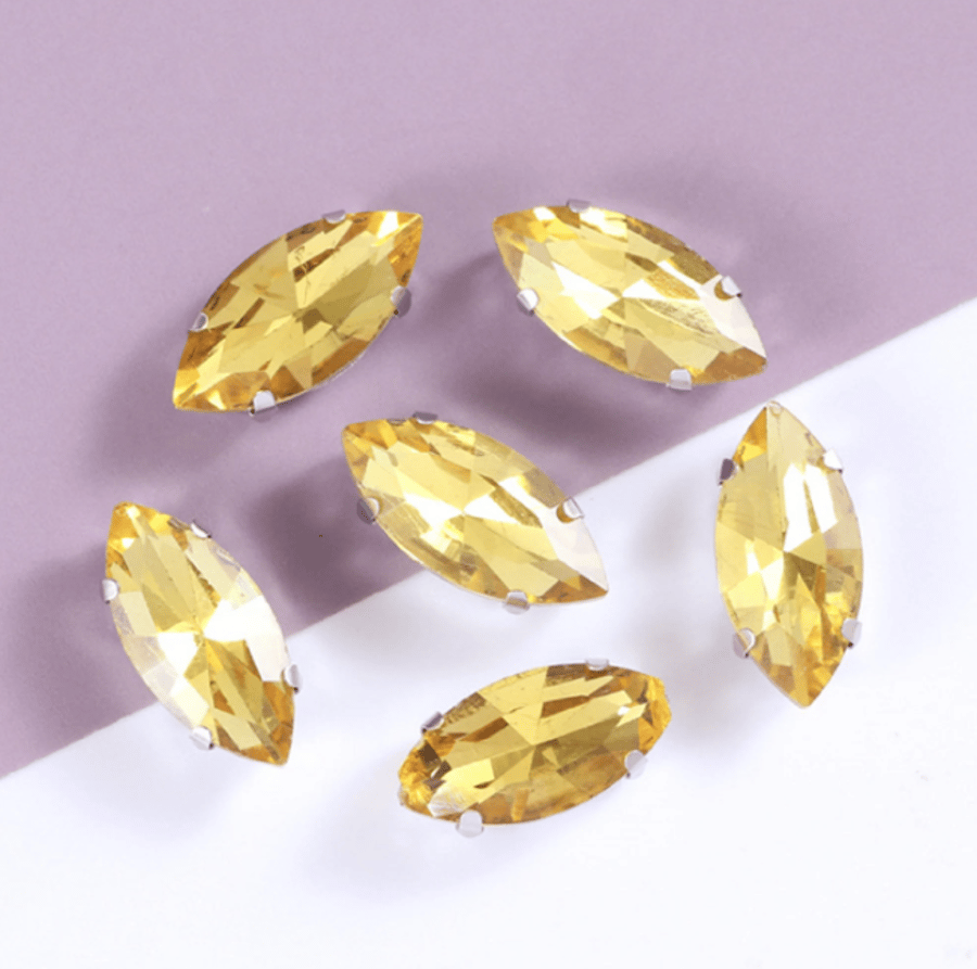 (S18S yellow) 50 Pcs, 5 x 10mm Sew On Crystal Horse Eye Beads, Glass Leaf 
