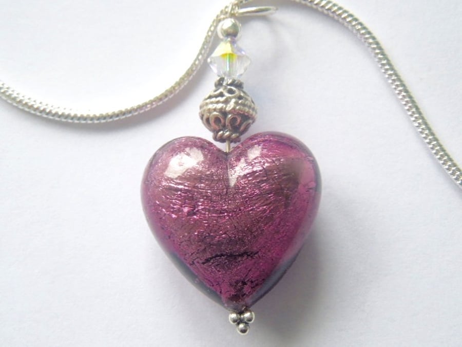 Purple Murano glass heart pendant with sterling silver and Swarovski crystal.