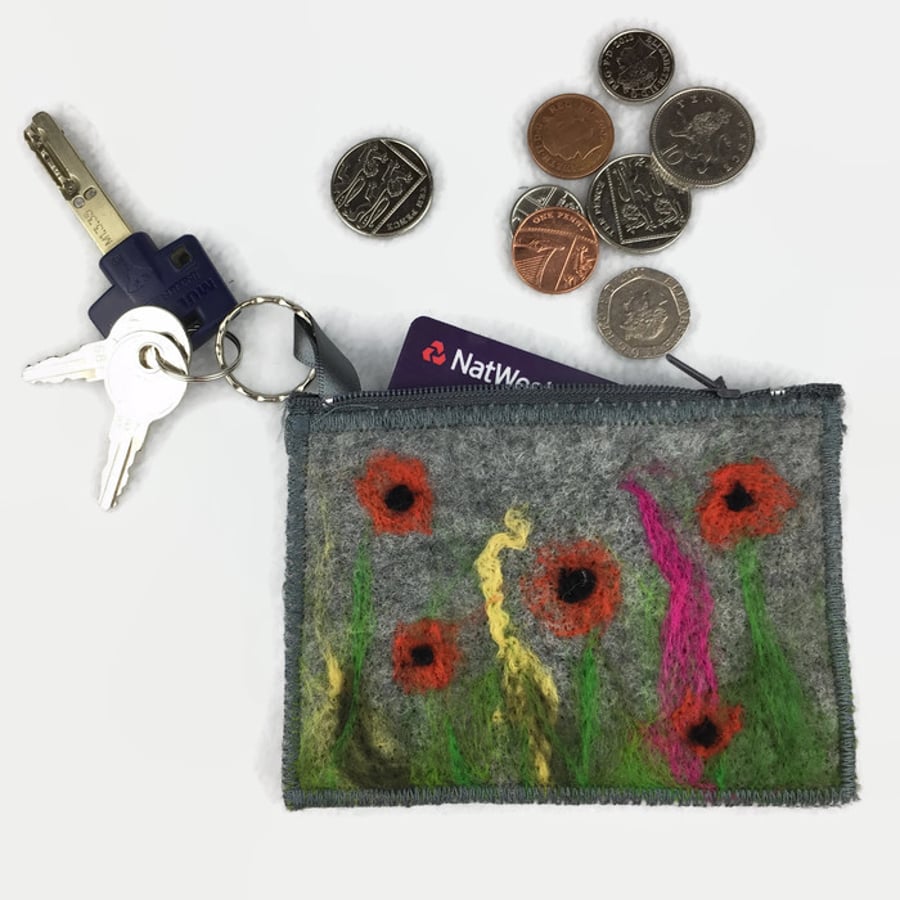 Grey poppy coin purse, hand felted with integral keyring