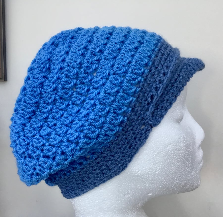 Dual Blue! Baker Boy Style Crocheted Cap or Hat for a Lady or Teen.