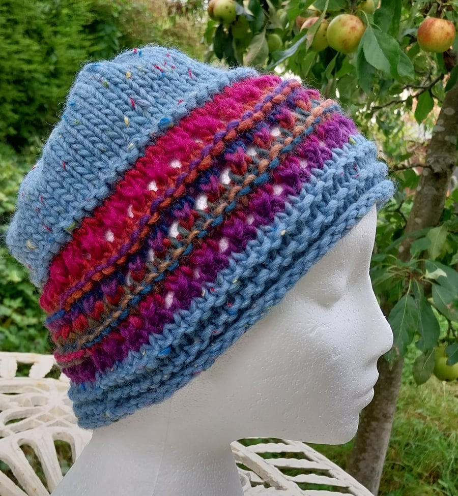 Handknit chunky wool hat col 2 Powder Blue