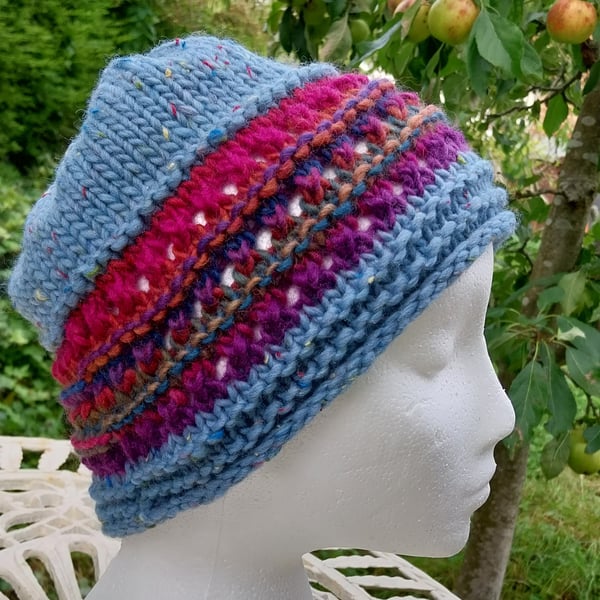 Handknit chunky wool hat col 2 Powder Blue