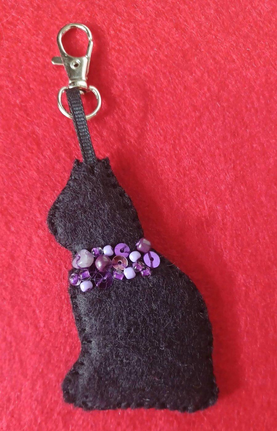Handmade Black Cat Felt Bag Charm with Amethyst Crystals