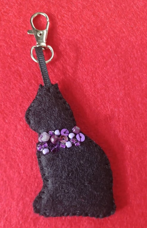 Handmade Black Cat Felt Bag Charm with Amethyst Crystals