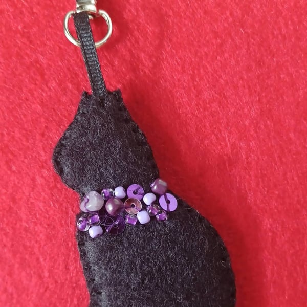 Handmade Black Cat Felt Bag Charm with Amethyst Crystals