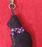 Handmade Black Cat Felt Bag Charm with Amethyst Crystals