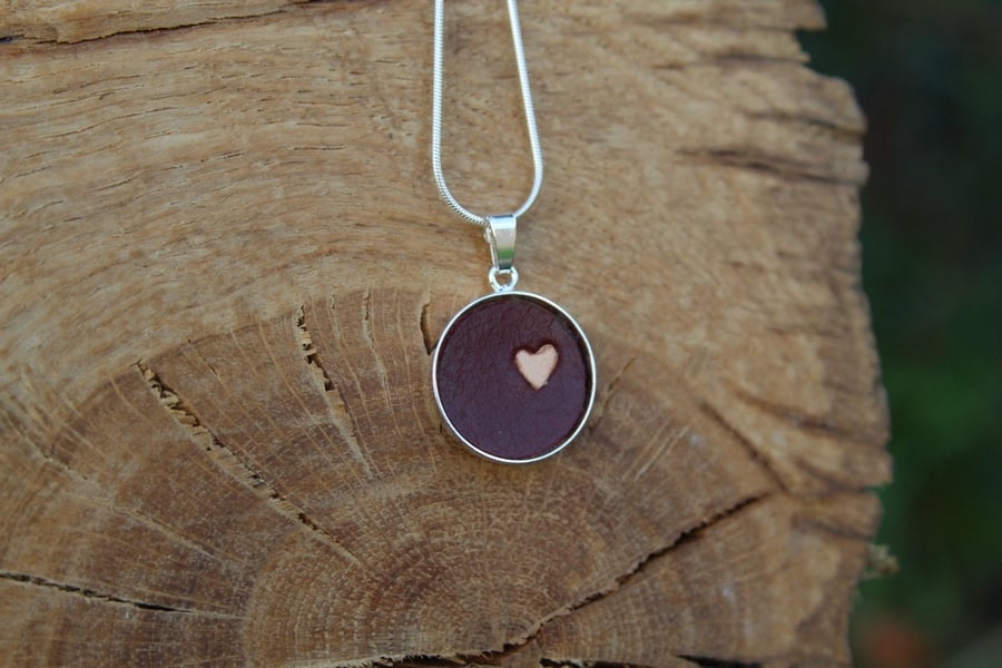 Dark Red Leather Round Silver Pendant with Little Heart in Natural Leather