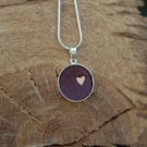 Dark Red Leather Round Silver Pendant with Little Heart in Natural Leather