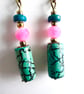 Green, pink and blue beaded earrings with brass style beads - Image 2