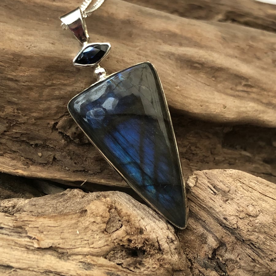 33x19mm labradorite, 8x3mm sapphire sterling silver pendant and chain 00002988