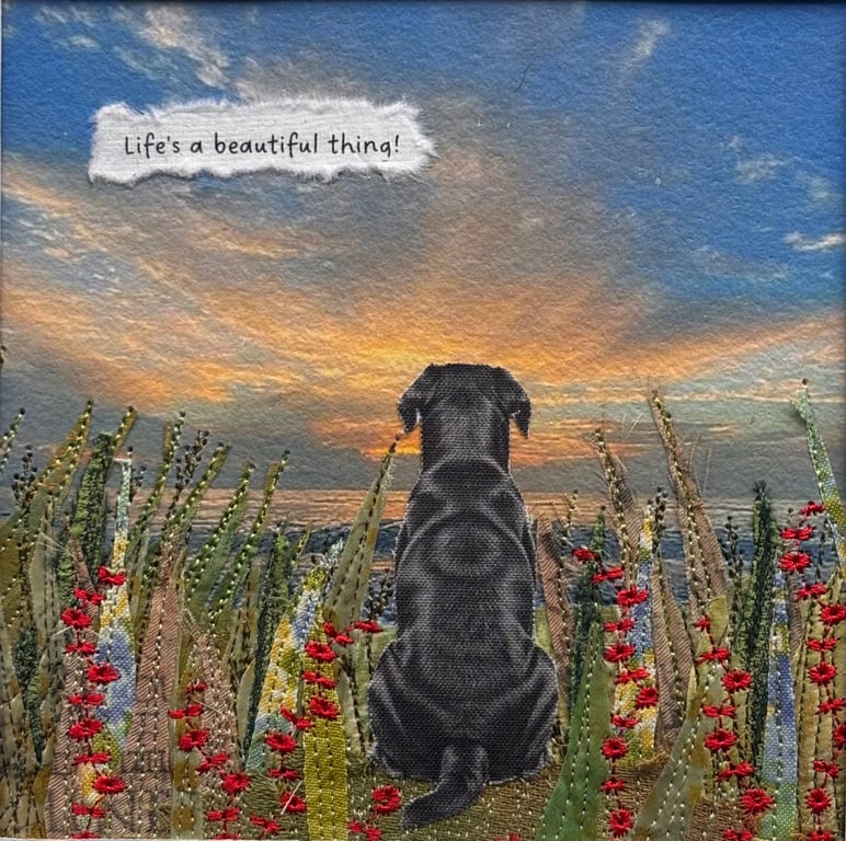 Framed textile picture of dog gazing out…..Life is a beautiful thing!