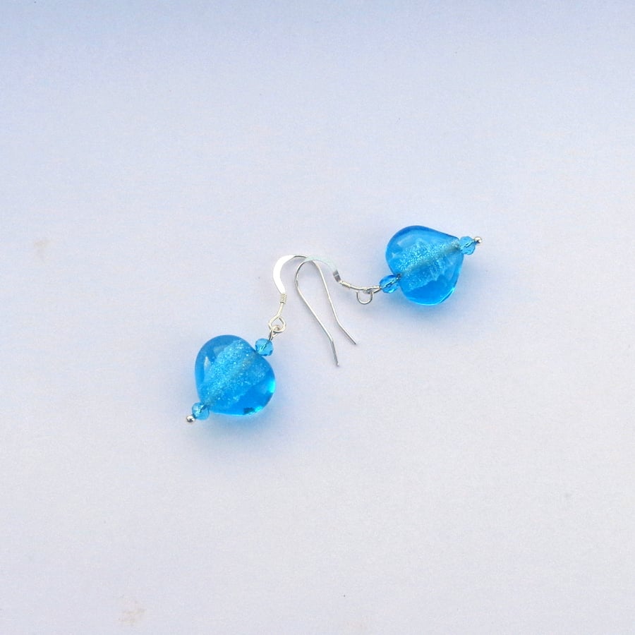 Sterling silver drop earrings with turquoise foiled glass hearts 