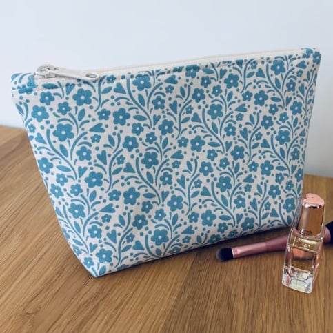 Make up bag, small toiletry bag, water resistant lining, in cream and blue