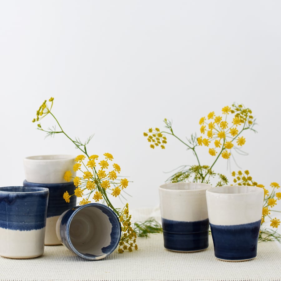 Creamy white and blue ceramic tumbler cup beaker - handmade pottery