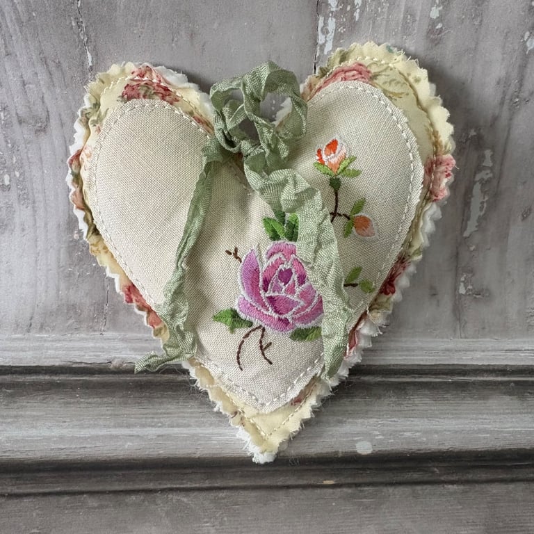 Heart Decoration - Repurposed Embroidered Linens - STH 0002