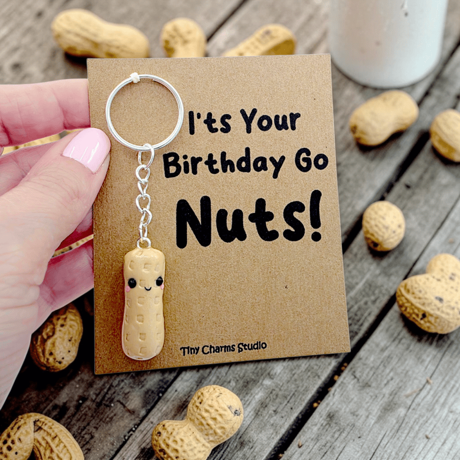 Handmade Kawaii Peanut Polymer Clay Charm Keyring - Cute Birthday Gift UK