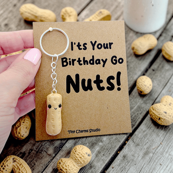 Handmade Kawaii Peanut Polymer Clay Charm Keyring - Cute Birthday Gift UK