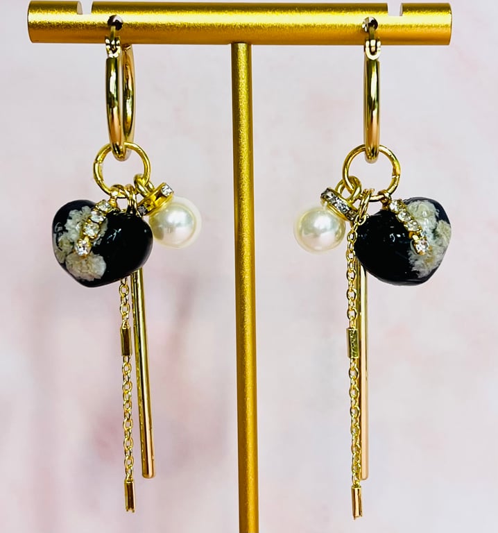 Handmade Gold Hoop Earrings with Real Flower Heart & Pearl Accent