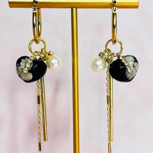 Handmade Gold Hoop Earrings with Real Flower Heart & Pearl Accent