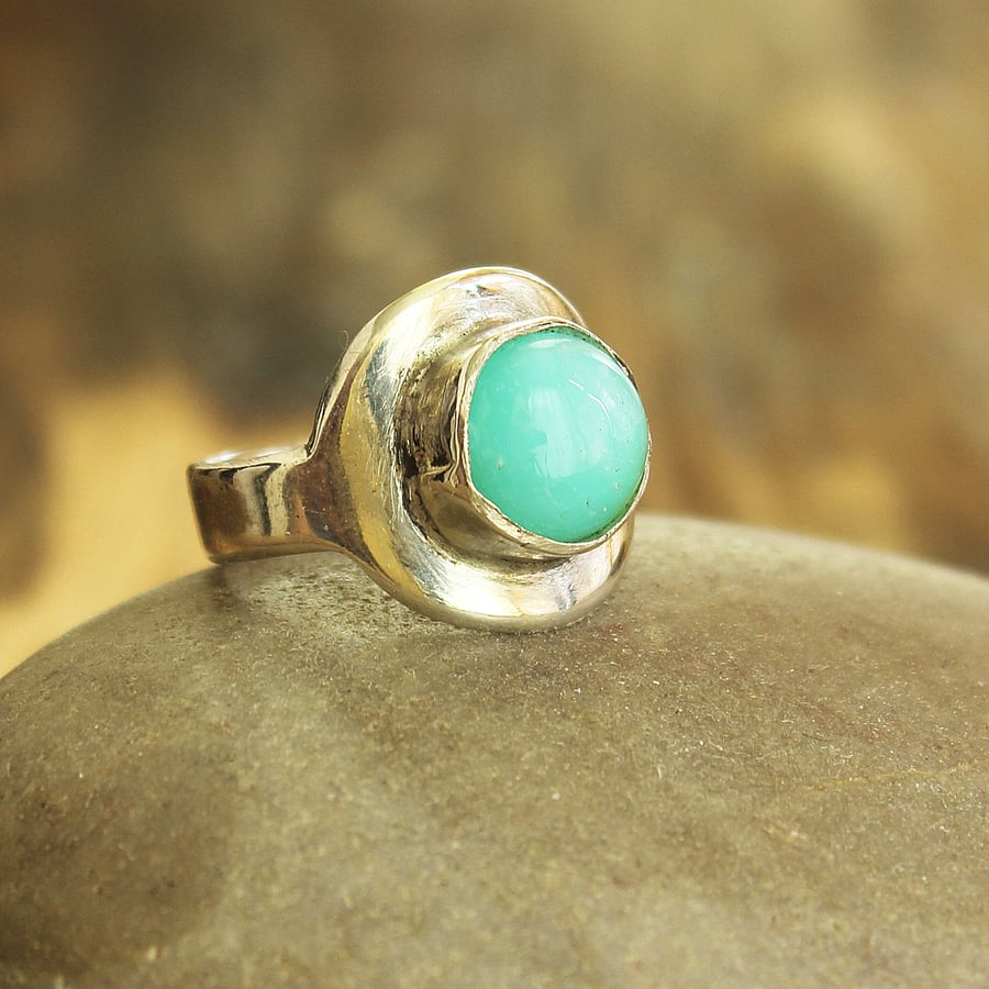 Silver And Green Opal Designer Statement Ring - Size P - Handmade And Unique