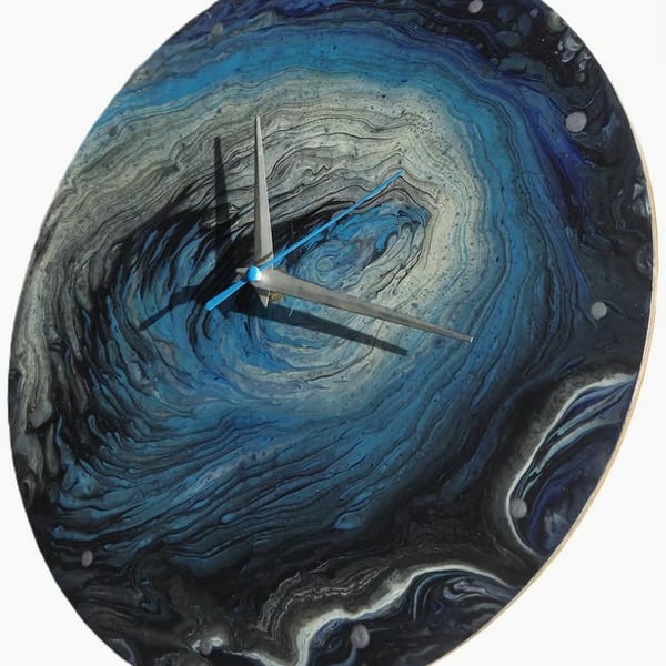 "Blue Symphony" Hand-Painted Fluid Art Wall Clock, Silent Home Decor