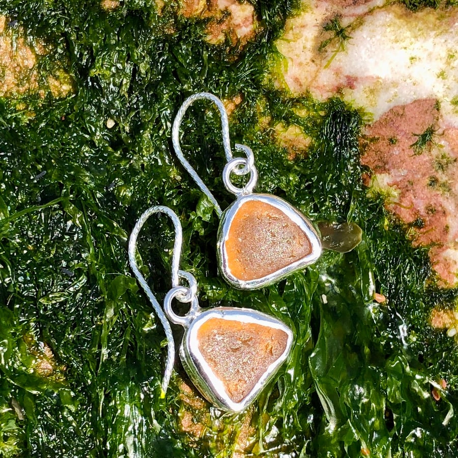 Honey Amber Sea Glass  and Sterling Silver Drop Earrings - 1068