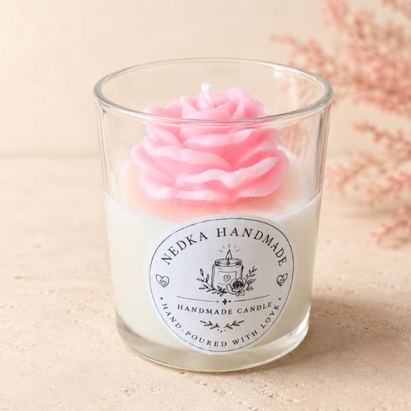 Handmade Pink Rose Candle in Glass Jar – Romantic Gift