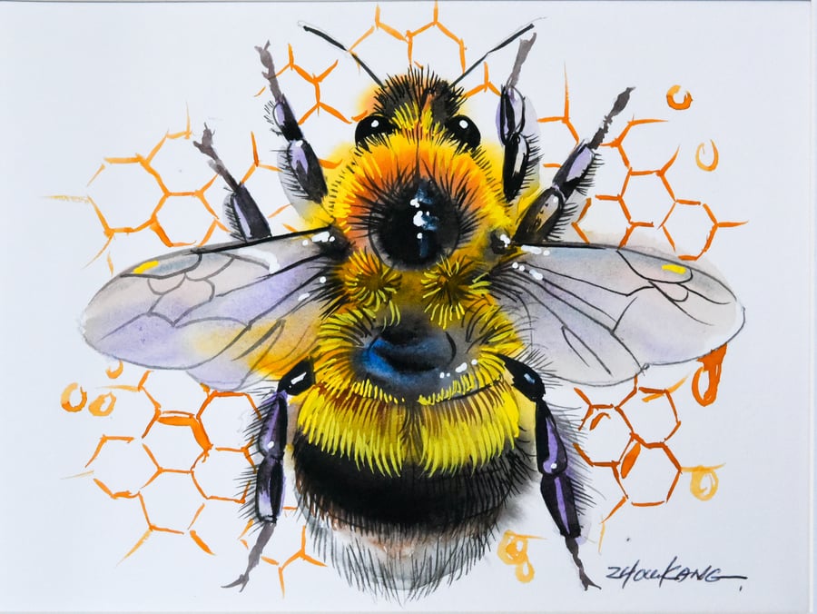 Bee Watercolour Painting – Original & One of a Kind – Fun & Delightful