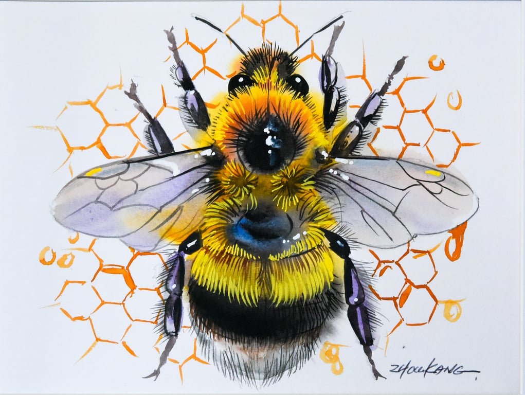 Bee Watercolour Painting – Original & One of a Kind – Fun & Delightful