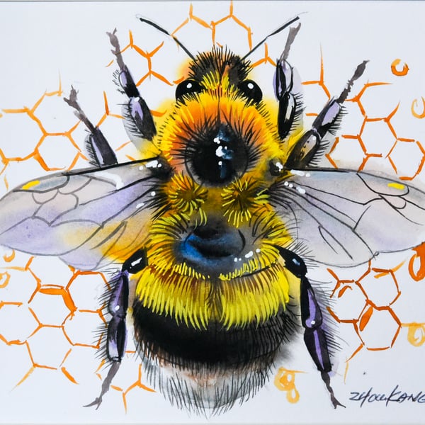 Bee Watercolour Painting – Original & One of a Kind – Fun & Delightful