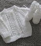 12" Patterned Baby Girls Round Neck Cardigan & Bootees (White)