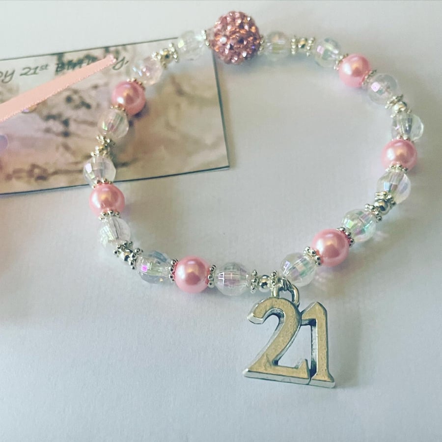 21st milestone charm bracelet pink and ab crystal beaded 21st birthday bracelet