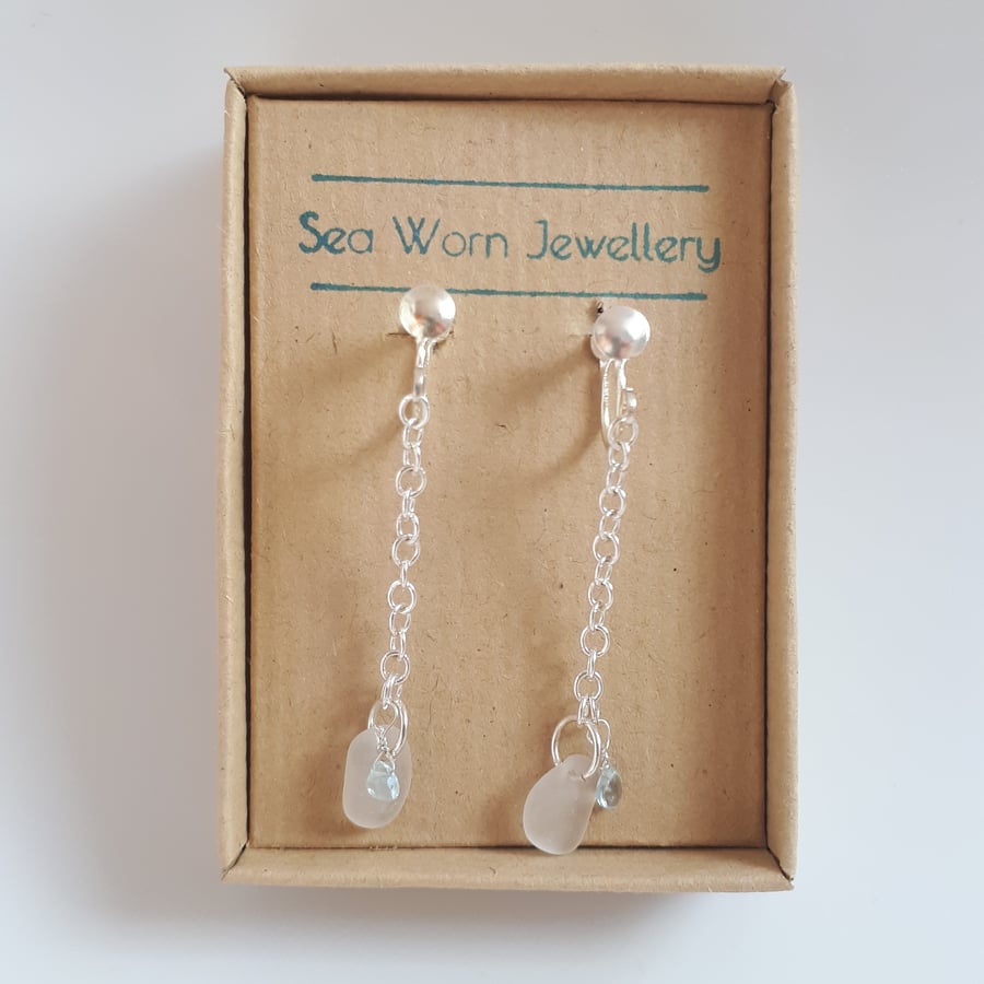 Long sea glass drop non pierced earrings