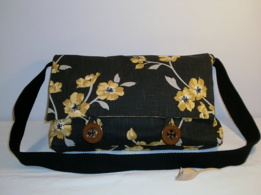 Black and Yellow Flower Fabric Messenger Bag Satchel