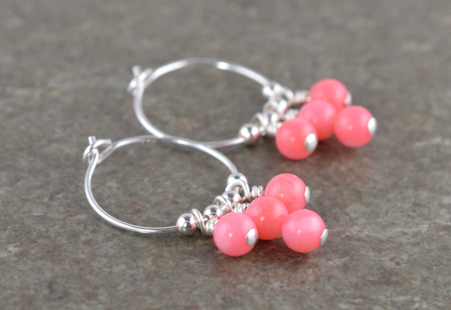 Boho 4mm Pink Coral Gemstone & 15mm Sterling Silver Hoop Earrings