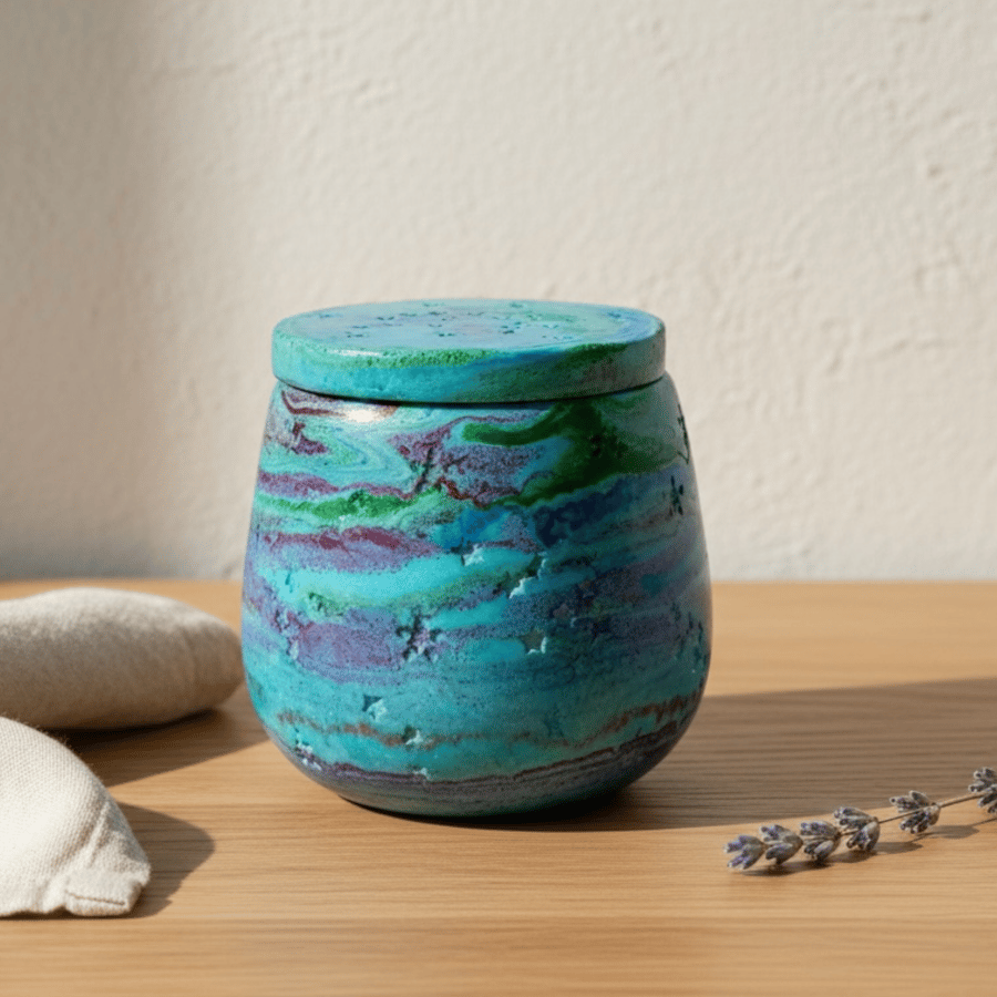 Blue Marbled Jewellery Box with Fitted Lid in Turquoise Aurora Colour