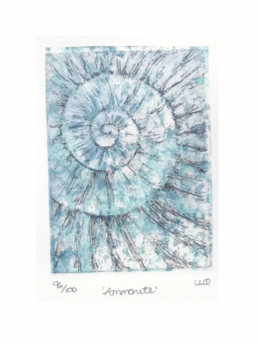 Etching no.96 of an ammonite fossil with mixed media in an edition of 100
