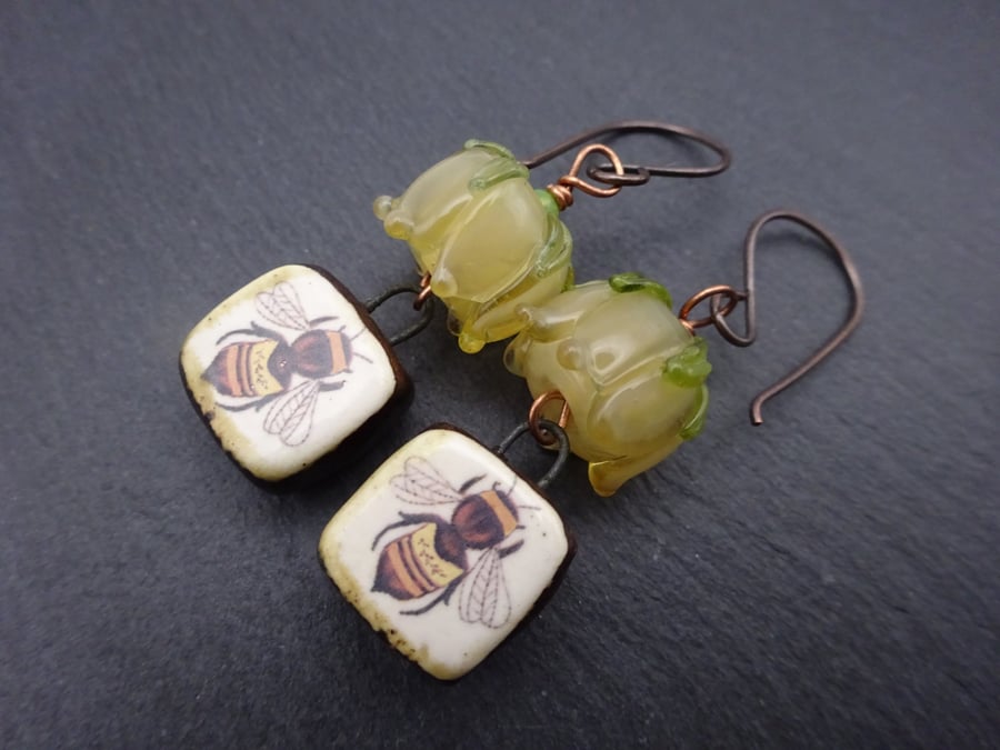 copper jewellery, lampwork glass rose earrings, ceramic bee
