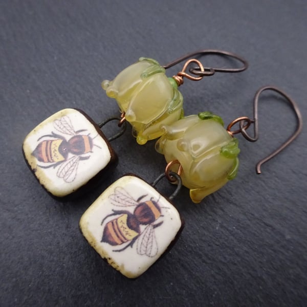copper jewellery, lampwork glass rose earrings, ceramic bee