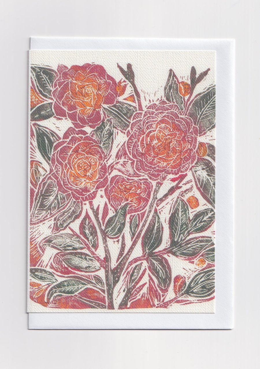Rose Linocut Print Greetings Card 