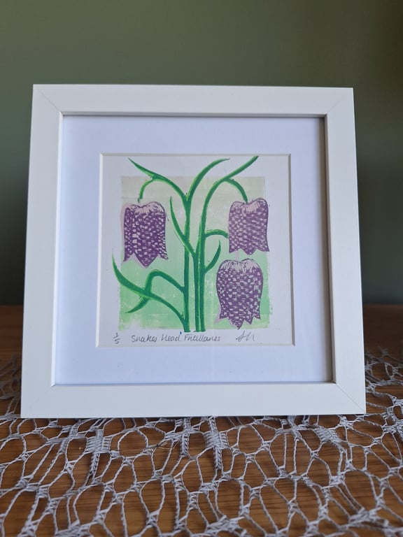An original handprinted linoprint of snakes head fritillaries 