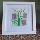 An original handprinted linoprint of snakes head fritillaries 