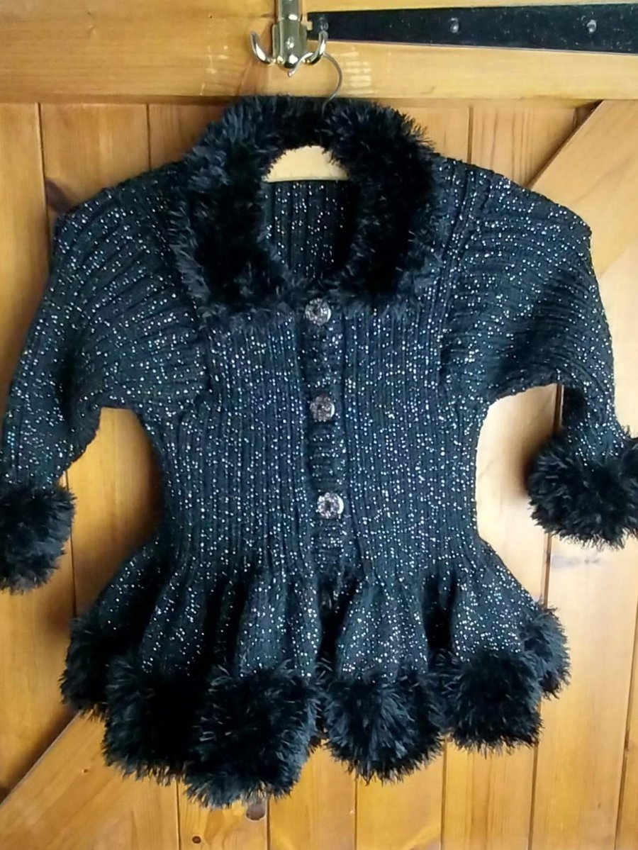 Hand-Knitted Sparkly Black Peplum Cardigan for Girls, Fluffy Trim, Winter Outfit