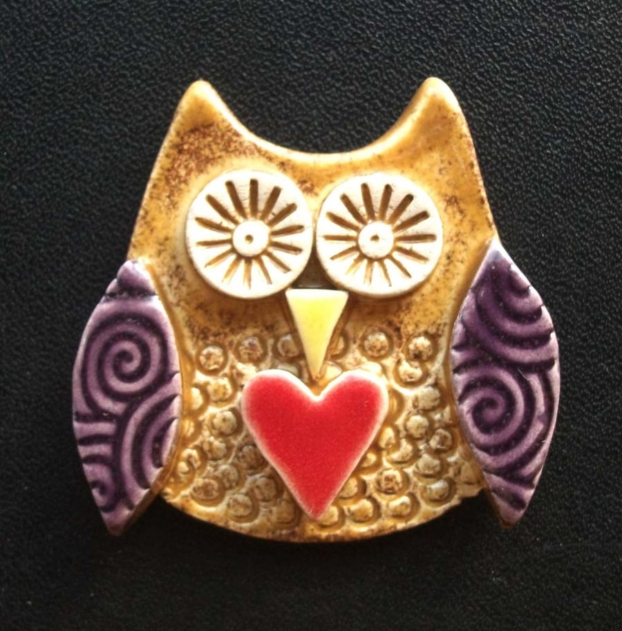 Cute little ceramic owl brooch purple wings