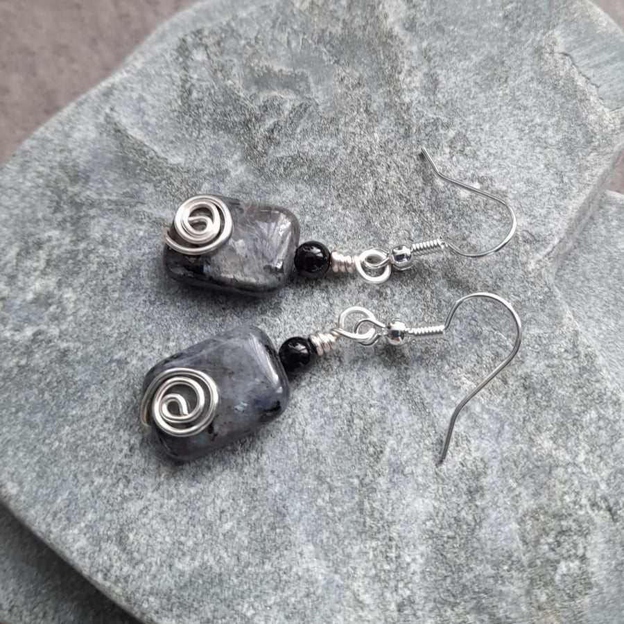 Wire Wrapped Larvikite Semi Precious Gemstone Earrings