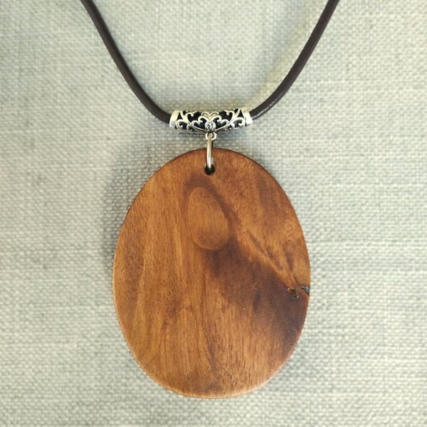 Oval wood silver long pendant statement necklace on leather cord wood jewellery